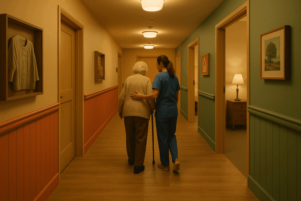 Caregiver assisting elderly woman in a warm, color-coded hallway with memory boxes in a specialized facility for dementia care near me.