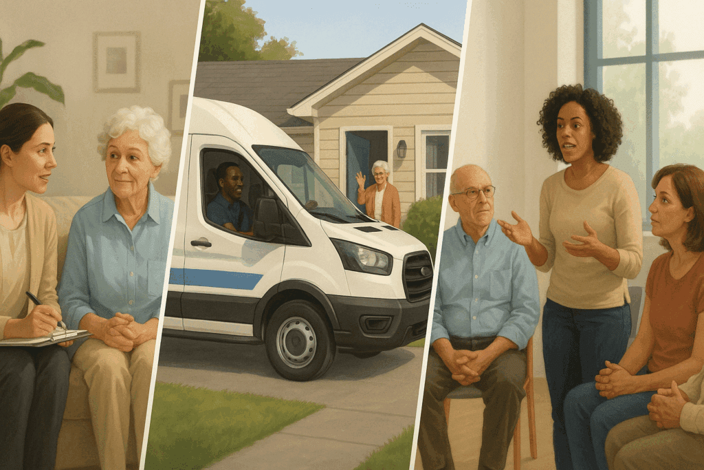 Therapist visiting elderly woman at home, mobile memory clinic van arriving, and caregiver support group meeting—visualizing dementia care near me in diverse community settings.