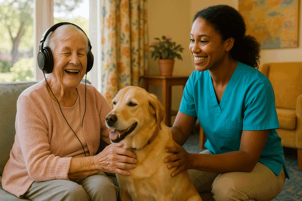 Joyful elderly woman in dementia care near me setting, listening to music with headphones and petting a therapy dog beside a smiling caregiver.