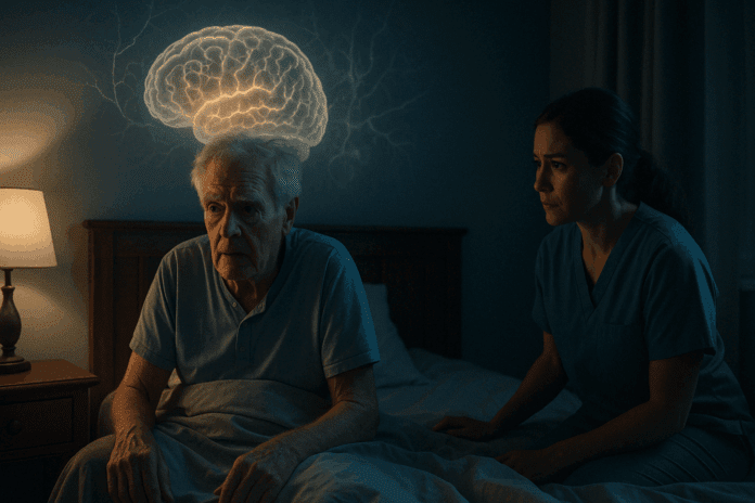 Elderly man with dementia sitting on the edge of his bed at night with a caregiver nearby, visually conveying why is melatonin not recommended for dementia patients due to confusion and sleep difficulties.