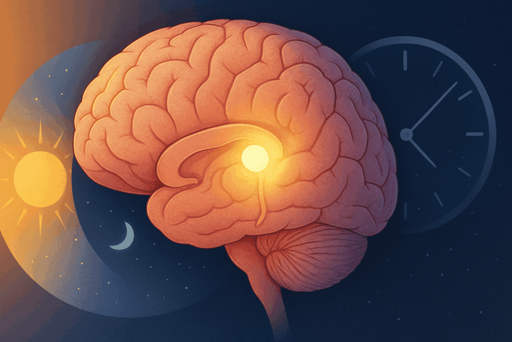 Human brain cross-section showing pineal gland and circadian rhythm to illustrate why is melatonin not recommended for dementia patients.