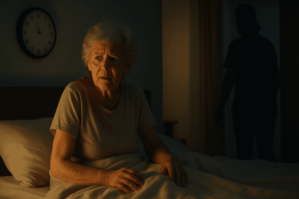 Confused elderly woman with dementia awake at night in bed, evoking concern over why is melatonin not recommended for dementia patients