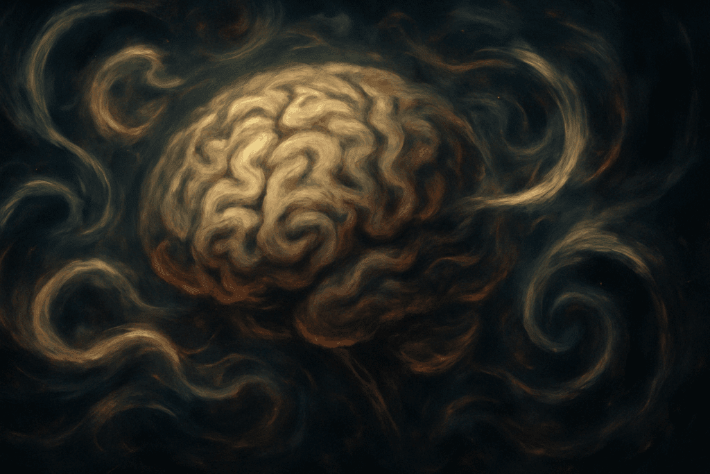Conceptual brain art with swirling lights and shadows symbolizing cognitive disruption, evoking why is melatonin not recommended for dementia patients.