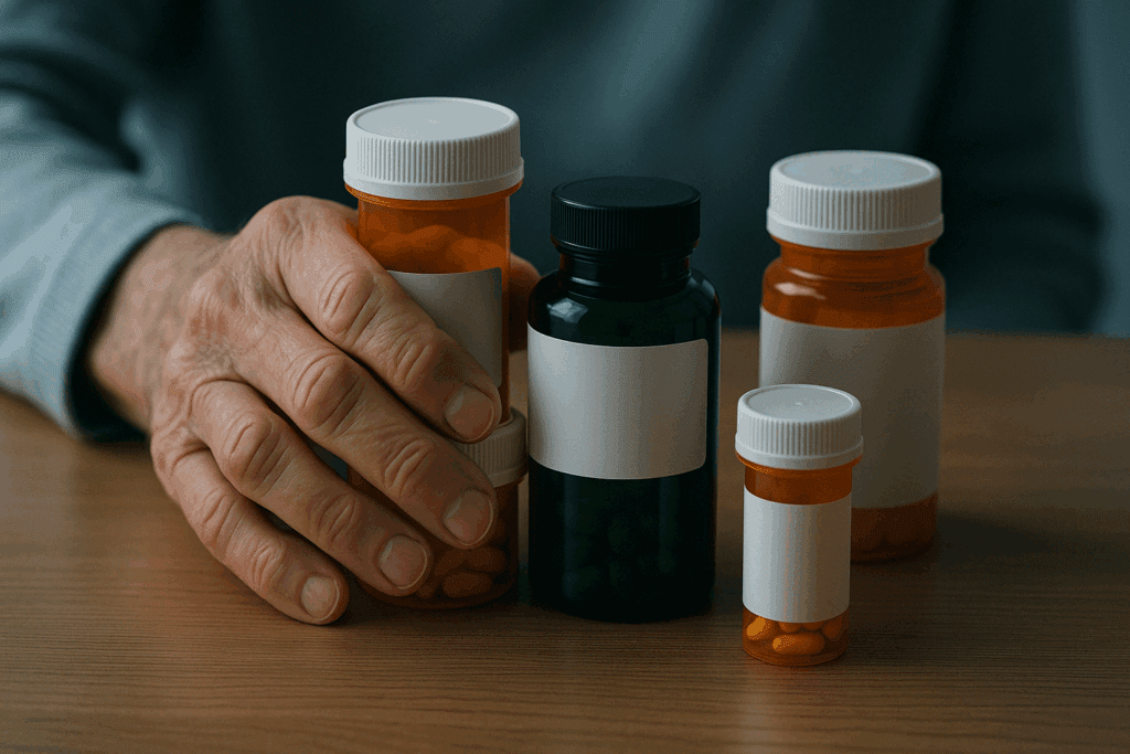 Elderly hand holding melatonin among multiple prescription bottles on a wooden table, illustrating why is melatonin not recommended for dementia patients