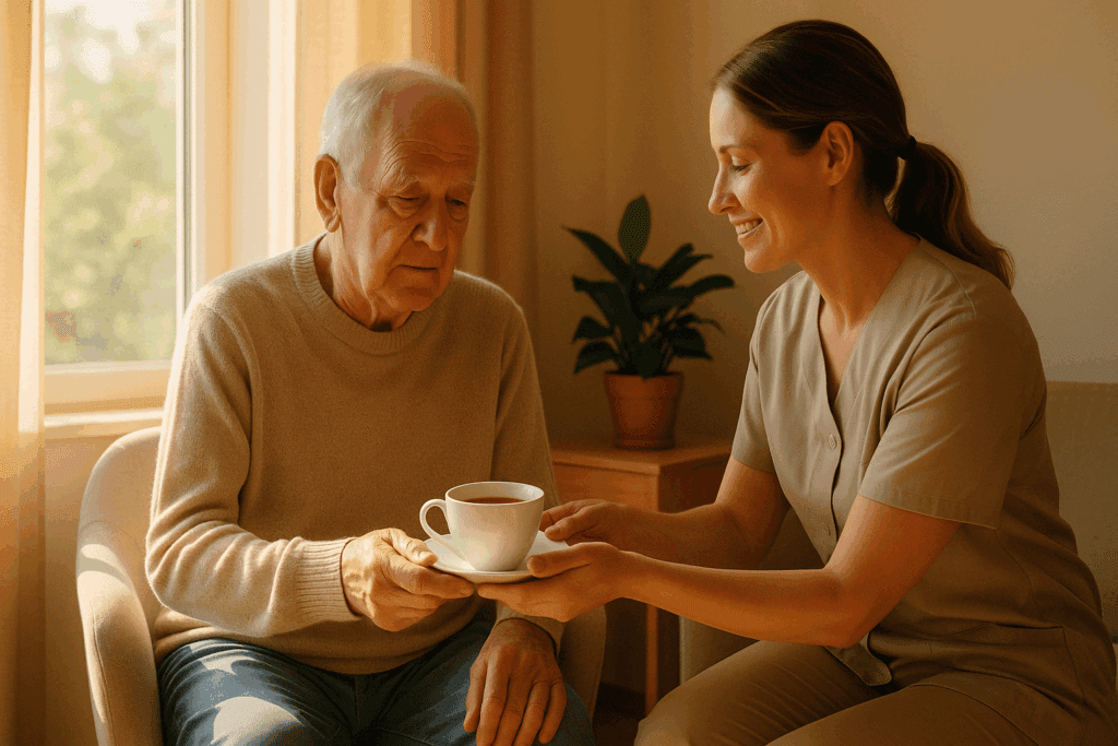 Caregiver offering tea to elderly man with dementia in a calm morning setting, illustrating why is melatonin not recommended for dementia patients.