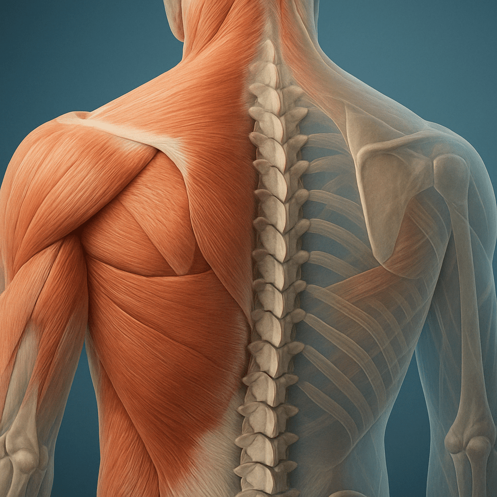 Anatomical illustration showing muscles and spine involved in stretches for mid and upper back, including trapezius and latissimus dorsi