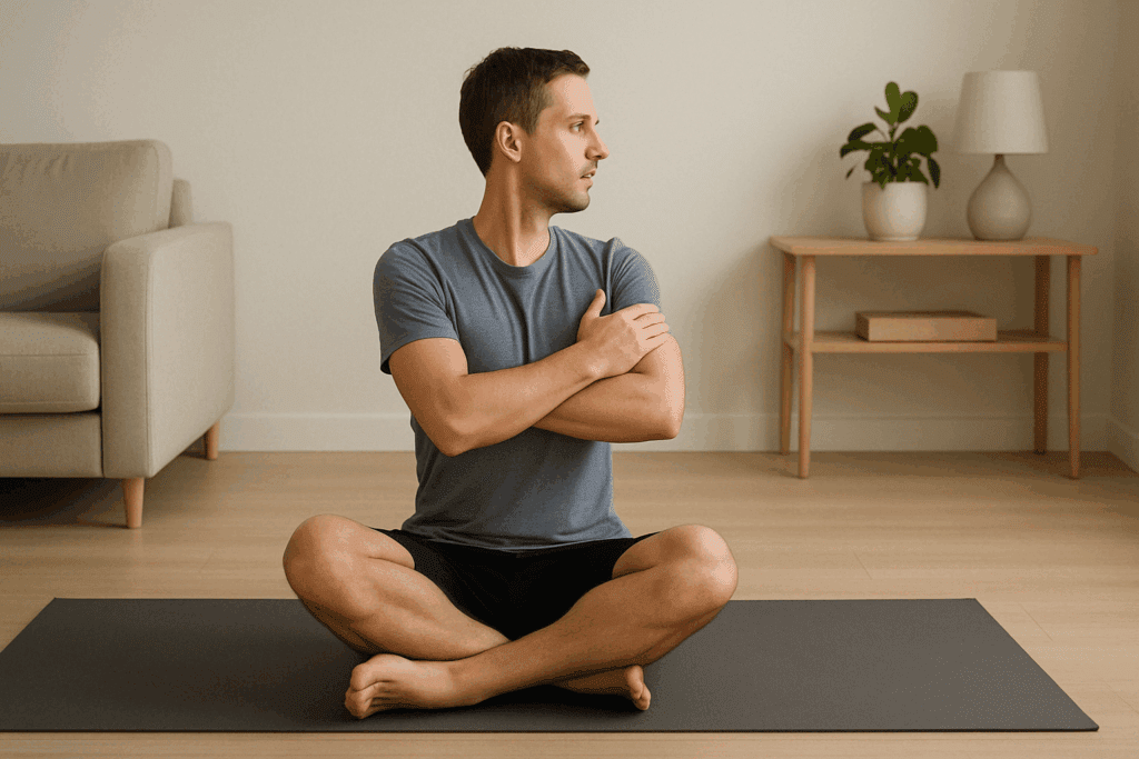 Man doing seated thoracic rotation on yoga mat at home as part of stretches for mid and upper back relief