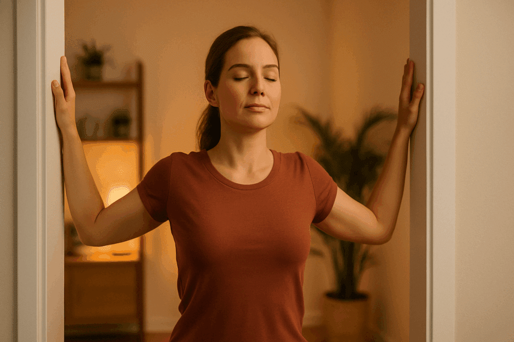 Woman performing a doorway pec stretch in a warmly lit room to release tension as part of stretches for mid and upper back.