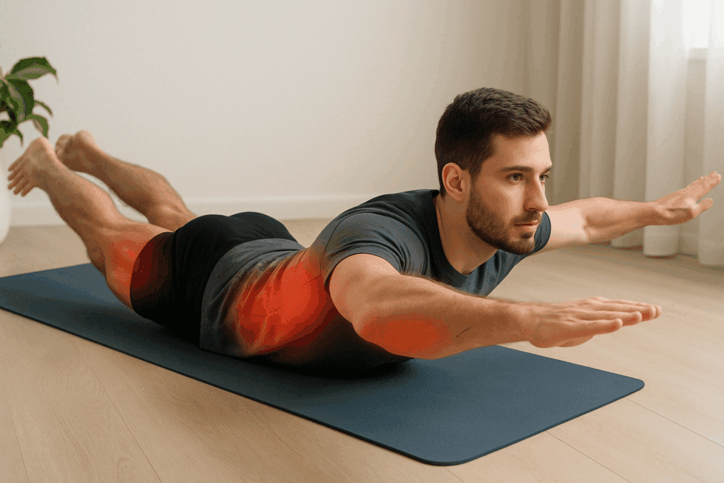 Man performing Superman exercise on a yoga mat at home to strengthen spinal muscles, part of stretches for mid and upper back.