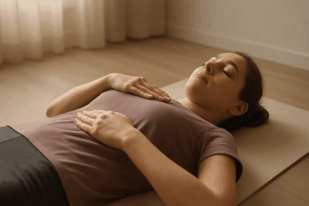 Person lying on their back practicing deep breathing to support recovery and flexibility during stretches for mid and upper back.