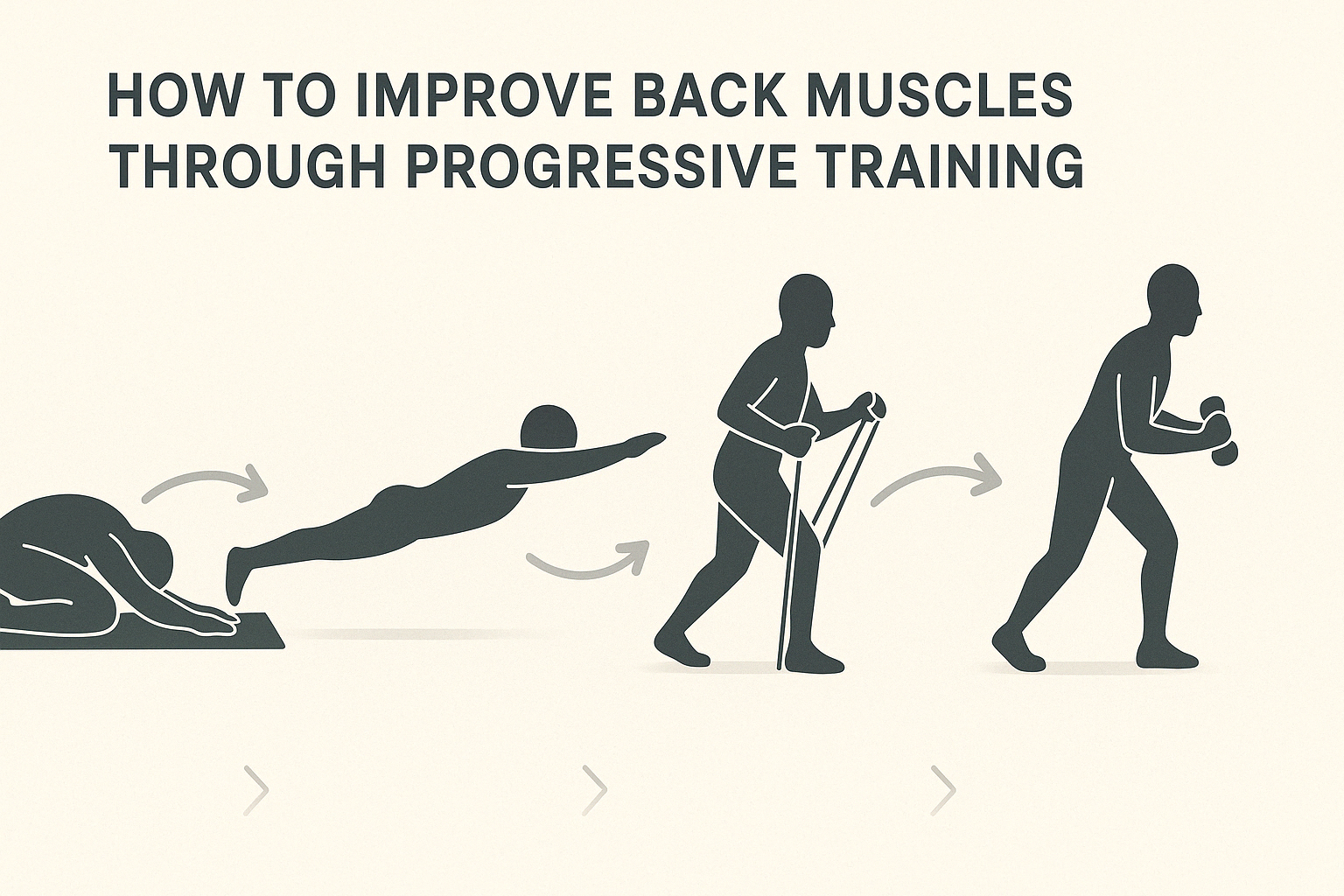 Infographic showing four progressive exercise stages, including stretches for mid and upper back, bodyweight moves, resistance band rows, and dumbbell training.