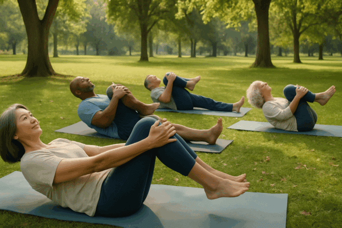 Diverse group of adults doing back pain workouts on yoga mats in a serene park setting for mobility and relief.