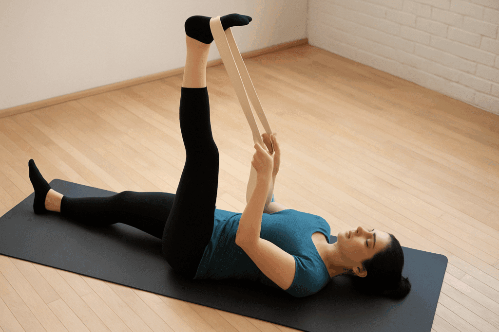 Woman performing a supine hamstring stretch with a strap on a yoga mat as part of indoor back pain workouts.