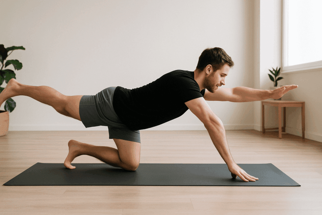 Man performing Bird Dog exercise on yoga mat in bright room, demonstrating core strength and balance as part of back pain workouts