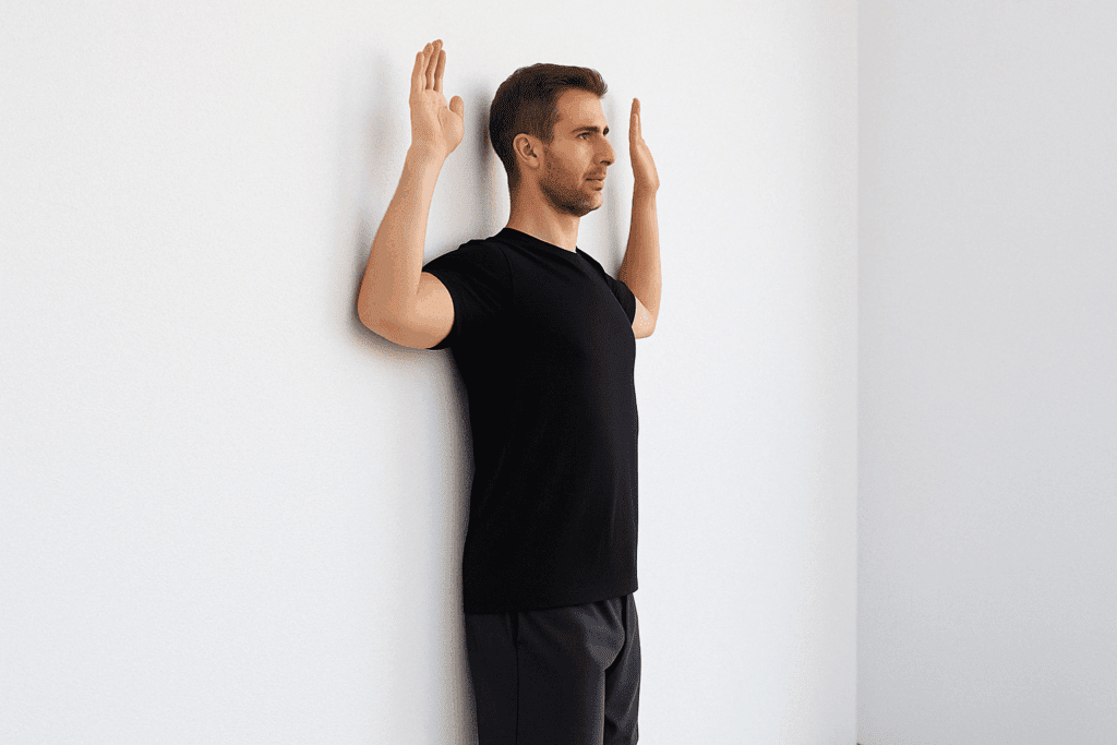 Man performing wall angels against a studio wall to improve posture and shoulder mobility as part of back pain workouts