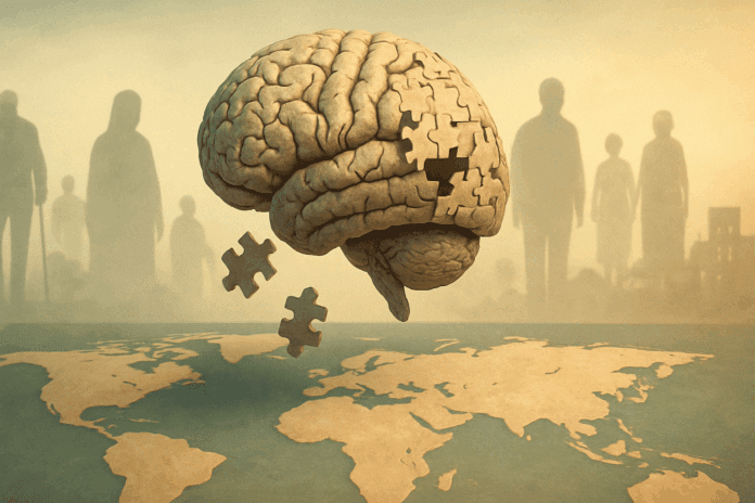 A symbolic brain made of puzzle pieces falling apart above a world map, illustrating global demographic shifts and why dementia is increasing.