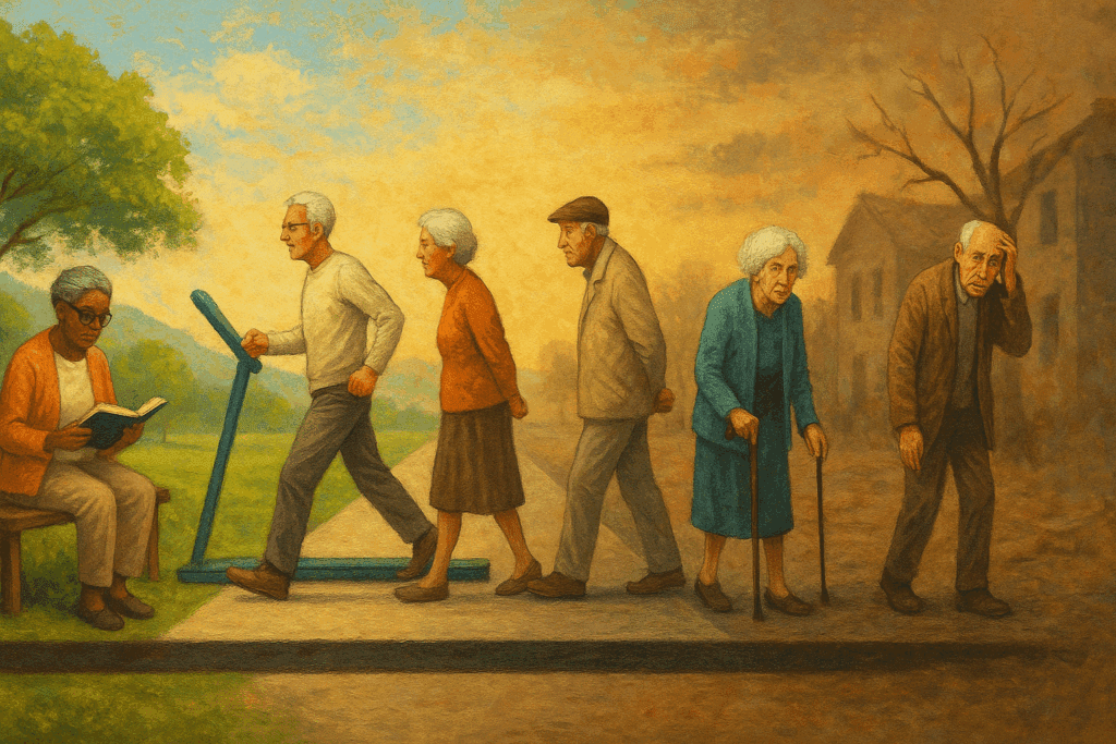 Elderly individuals walking along a symbolic timeline showing both healthy aging and cognitive decline, visually representing why dementia is increasing with longer lifespans.