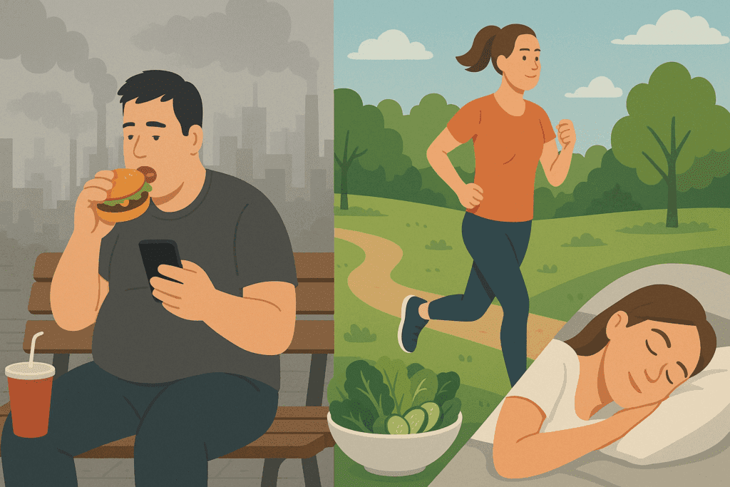 Visual contrast showing why dementia is increasing—unhealthy urban lifestyle with fast food and pollution versus active, healthy habits like jogging and eating vegetables.