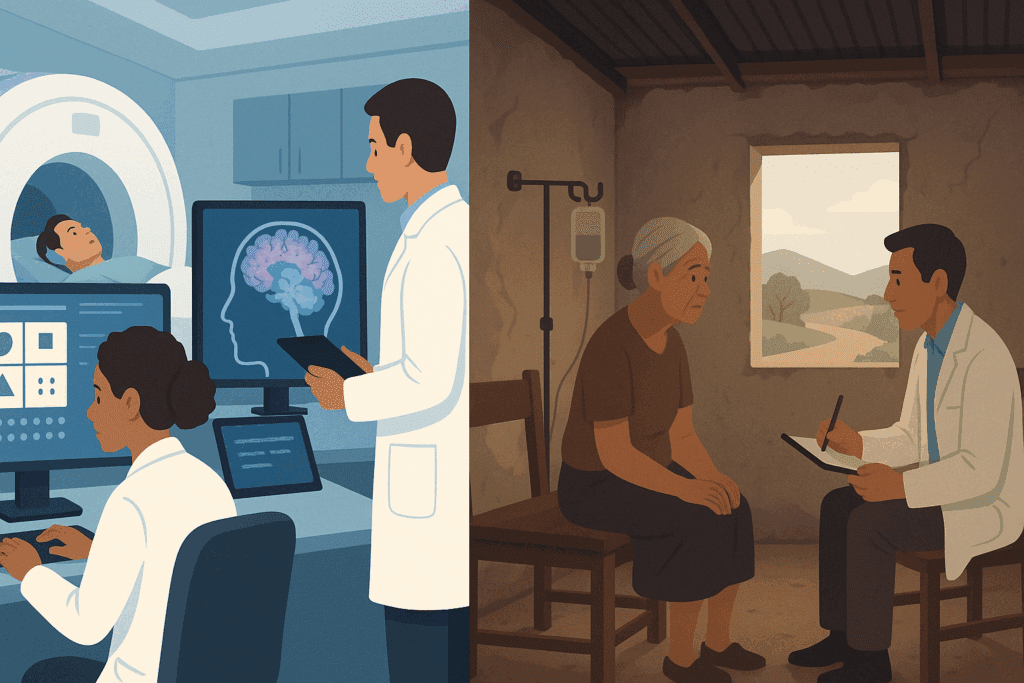 Split-screen illustration showing disparity in dementia care, highlighting why dementia is increasing due to unequal access to diagnostic tools and healthcare resources.