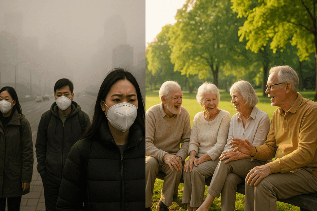 Contrast between city smog with masked pedestrians and seniors socializing in a green park, symbolizing environmental and social factors behind why is dementia increasing.