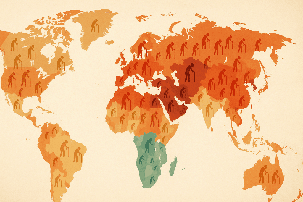 Stylized world map infographic showing elderly population density to illustrate global trends in why is dementia increasing.
