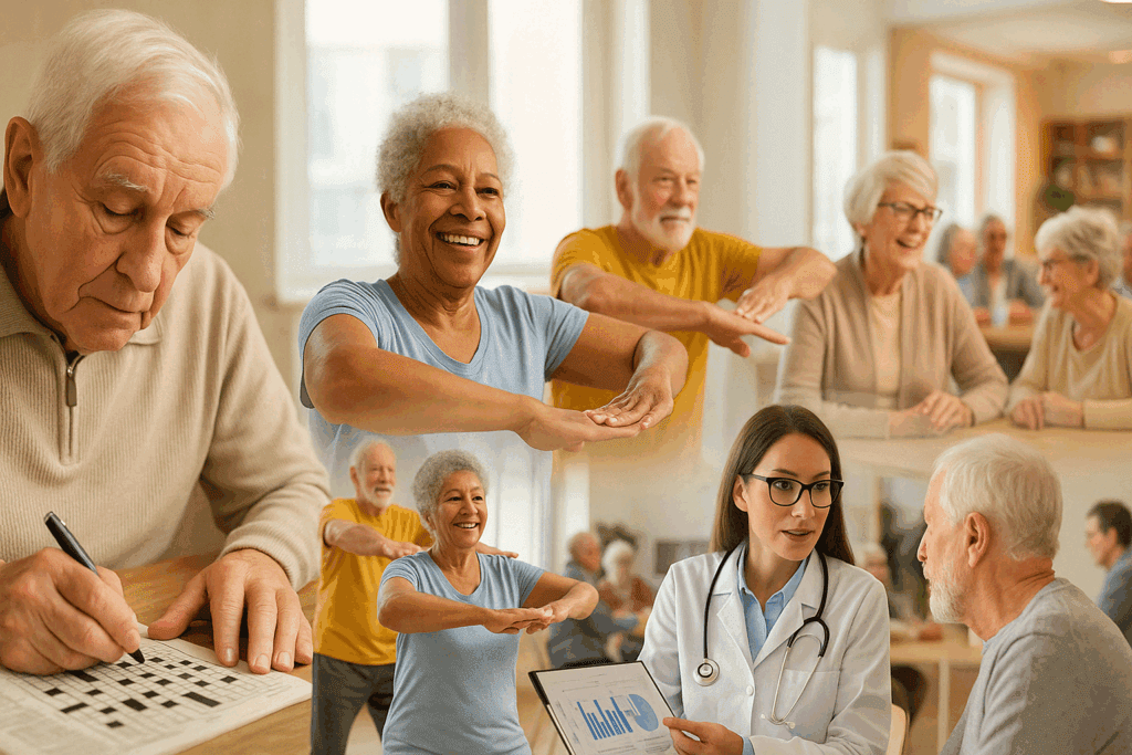 Seniors engaged in dementia prevention activities—crossword puzzles, group exercise, socializing, and medical consultation—illustrating why dementia is increasing and how lifestyle changes may help reduce risk.