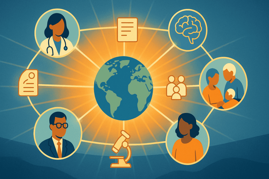 Abstract infographic illustrating why dementia is increasing, with diverse global professionals connected around a glowing Earth symbolizing brain health, policy, research, and caregiving collaboration.