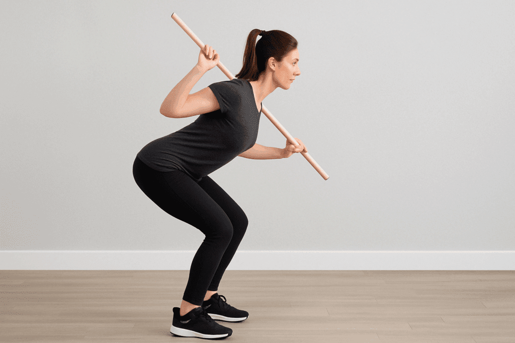 Woman demonstrating a standing hip hinge with dowel alignment as part of functional back pain workouts