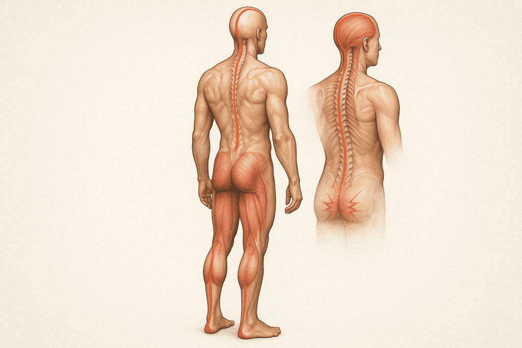 Anatomical illustration of the human superficial back line showing fascial connections from feet to head, used in explaining back pain workouts