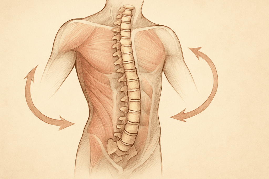 Anatomical illustration of a healthy spine with transparent muscles showing obliques and spinal engagement during a gentle lower back twist stretch