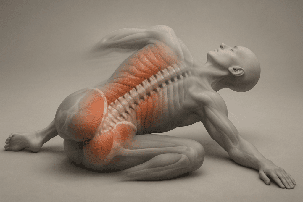 Anatomical side view of a person performing a gentle lower back twist stretch, highlighting obliques, lumbar spine, and glutes in motion.Anatomical side view of a person performing a gentle lower back twist stretch, highlighting obliques, lumbar spine, and glutes in motion.