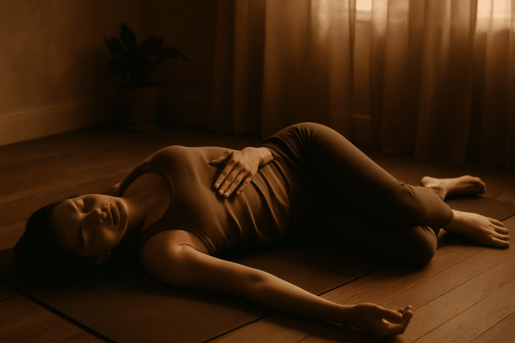 Person lying in a gentle lower back twist stretch on a yoga mat in a softly lit room, eyes closed in calm introspection.