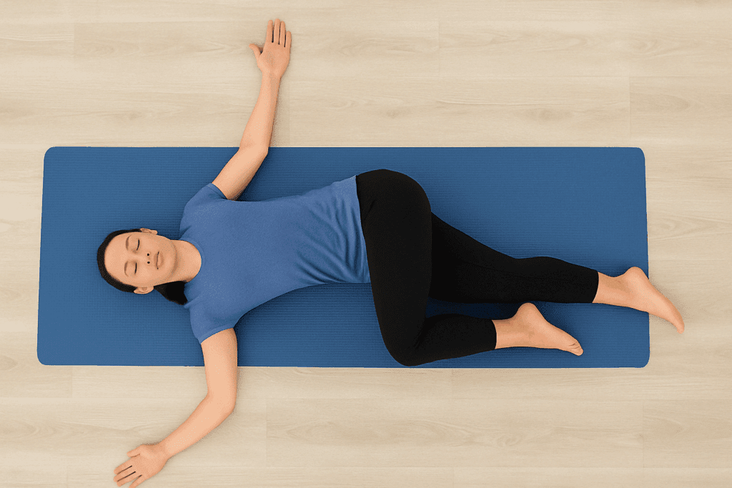 Woman lying on a yoga mat performing a gentle lower back twist stretch with arms extended and shoulders grounded