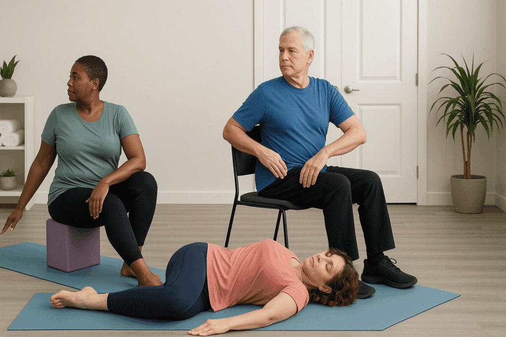 Three people of different ages and body types demonstrate a gentle lower back twist stretch using chair, block, and floor variations in a calm studio.