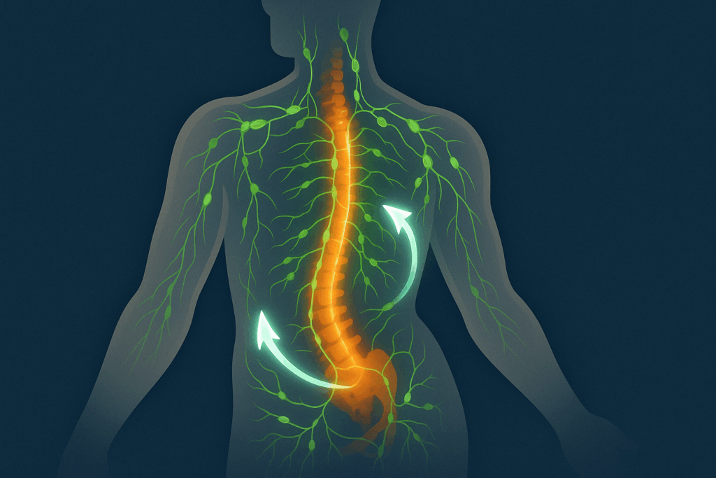 Scientific diagram showing how a gentle lower back twist stretch promotes lymphatic flow through the torso and supports immune system function
