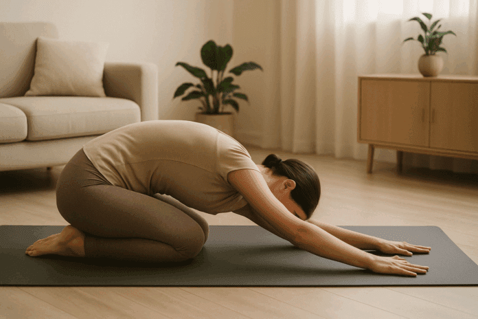 Person doing a gentle yoga pose at home as part of middle back pain relief exercises in a calm, minimalist setting
