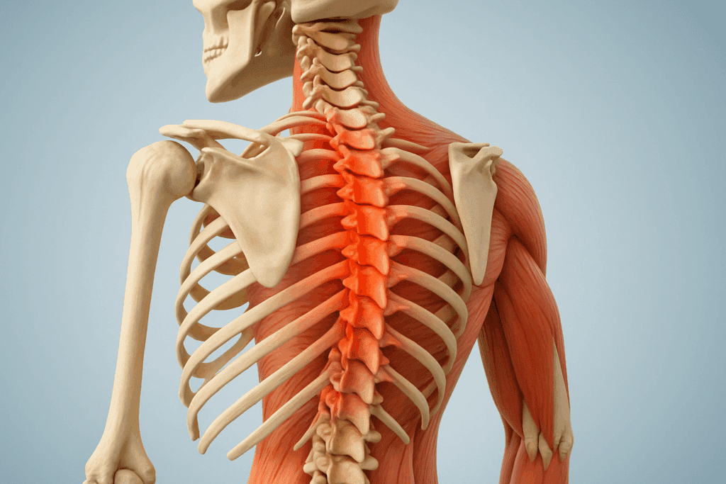 3D anatomical illustration of thoracic spine and rib cage highlighting muscles involved in middle back pain relief exercises