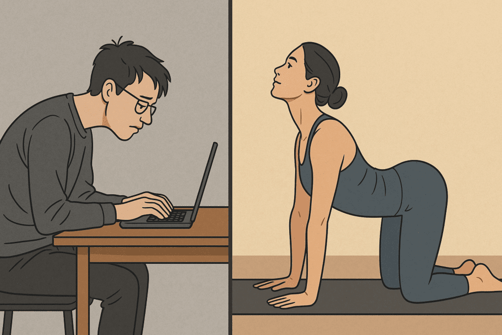 Split-screen comparison showing a man with poor desk posture and a woman doing Cat-Cow yoga pose as part of middle back pain relief exercises