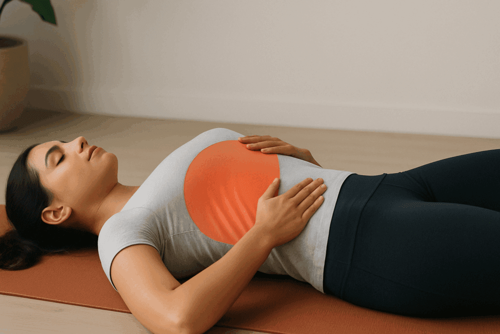Woman practicing deep diaphragmatic breathing on a yoga mat as part of middle back pain relief exercises in a calm indoor setting.