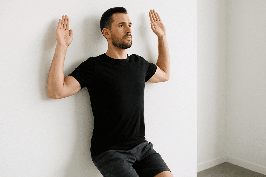 Man performing wall angels against a white wall as part of middle back pain relief exercises to improve posture and upper back strength