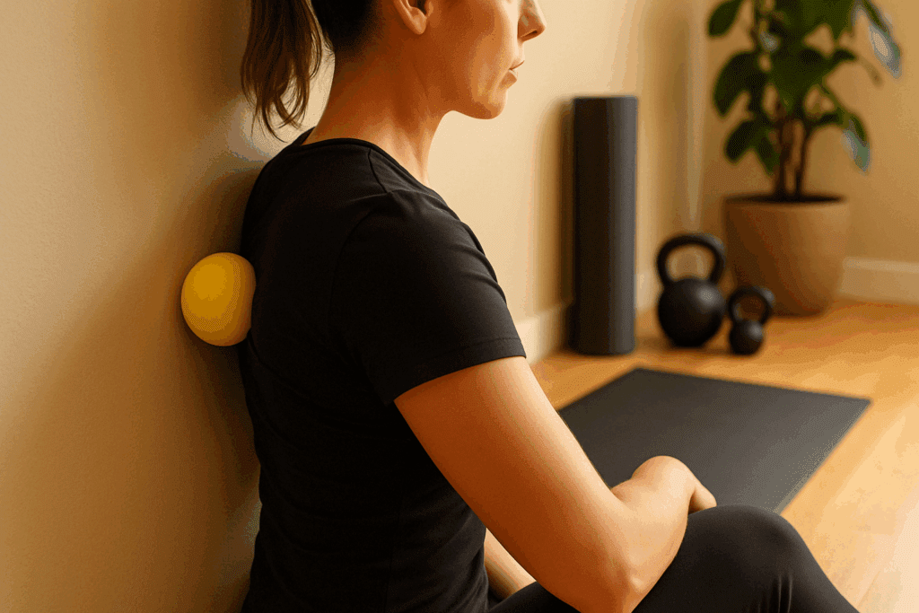 Woman using a yellow massage ball against a wall to target thoracic tension as part of middle back pain relief exercises in a home gym