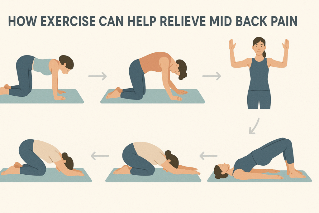 Infographic showing six middle back pain relief exercises including Cat-Cow, Thread the Needle, and Bridge Pose with illustrated figures