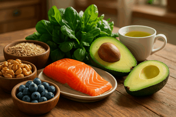 Salmon, blueberries, walnuts, avocado, leafy greens, whole grains, and green tea on a wooden table showing what to eat to boost memory