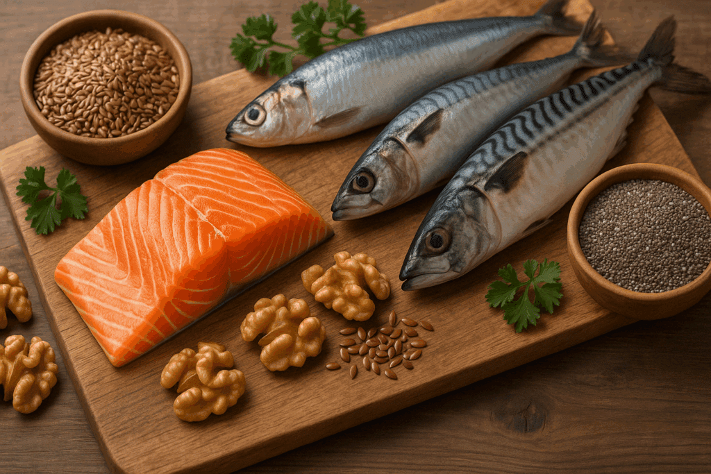 Salmon fillet, sardines, mackerel, walnuts, flaxseeds, and chia seeds on a wooden board—foods showing what to eat to boost memory.