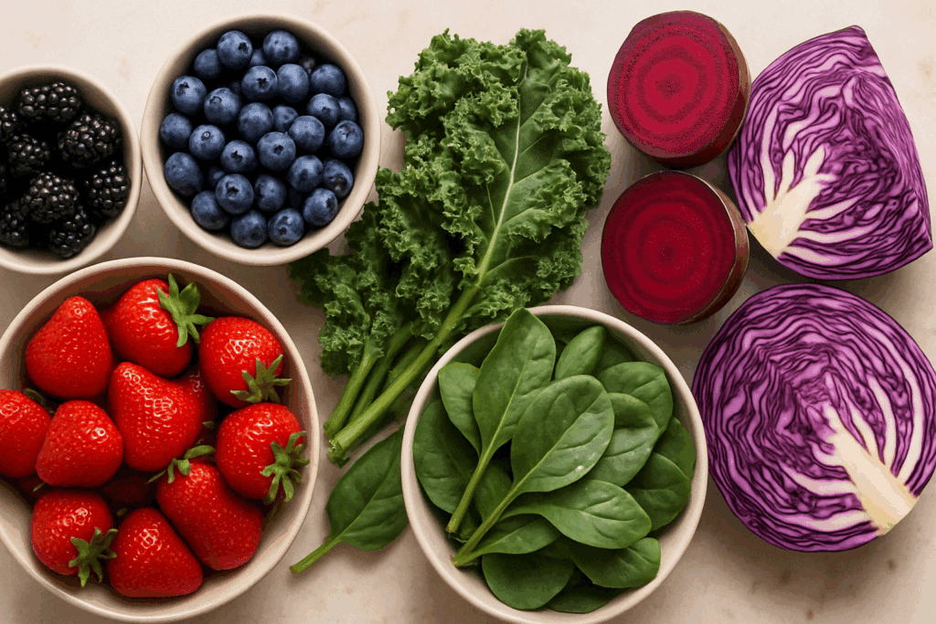 Overhead view of antioxidant-rich foods including blueberries, strawberries, spinach, kale, beets, and red cabbage, showing what to eat to boost memory.