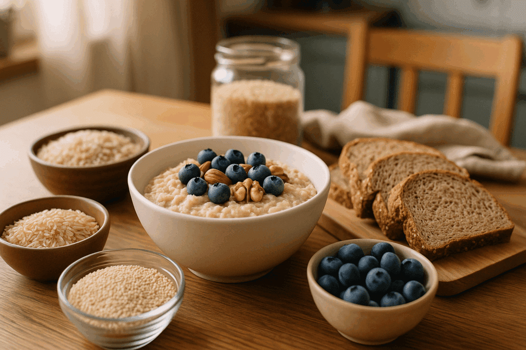 Nutritious breakfast with oatmeal, blueberries, nuts, brown rice, quinoa, and whole grain bread showing what to eat to boost memory.