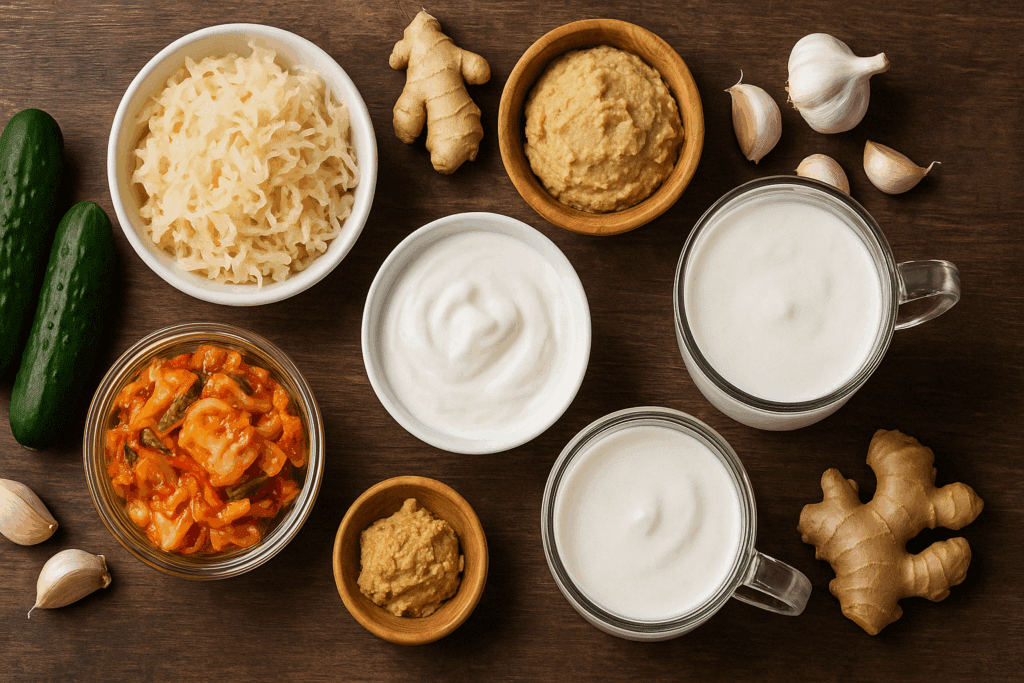 Assorted fermented foods like kimchi, sauerkraut, yogurt, kefir, and miso on a wooden table—nutrient-rich options for what to eat to boost memory.