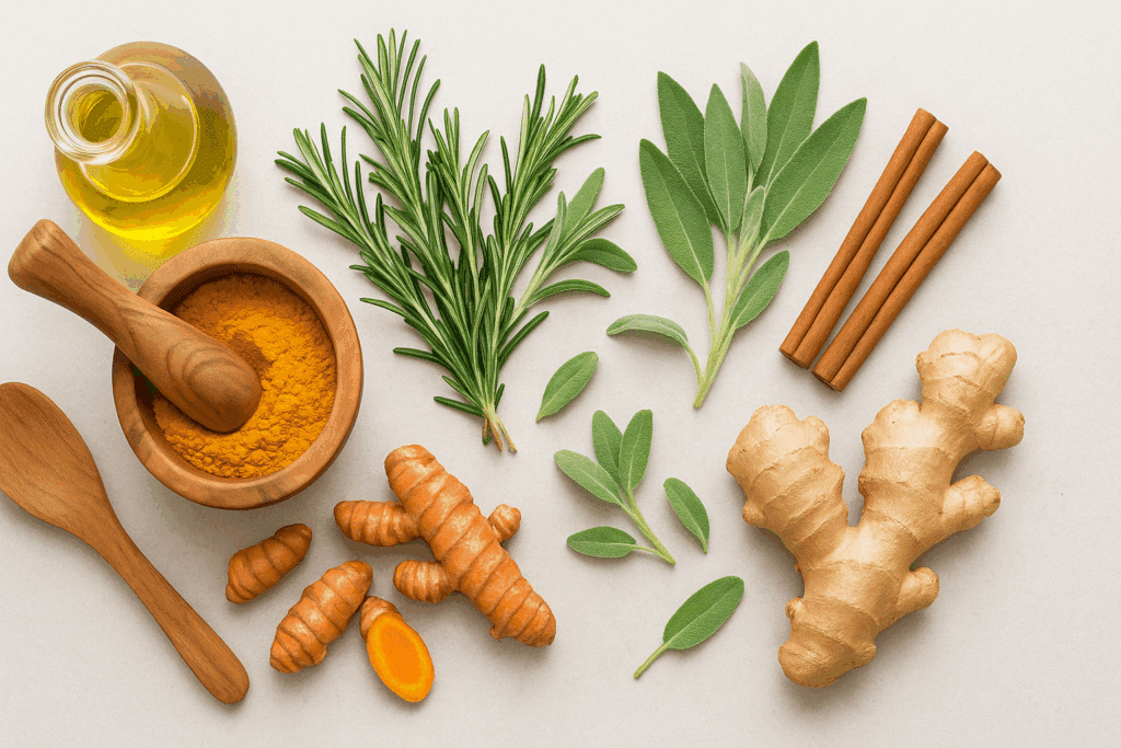 Fresh turmeric root and powder, rosemary, sage, cinnamon sticks, and ginger arranged with olive oil and wooden utensils—ingredients highlighting what to eat to boost memory.