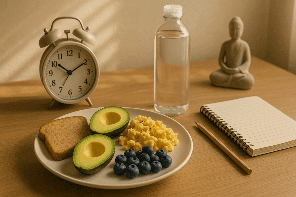 Healthy morning routine showing what to eat to boost memory, including avocado, blueberries, eggs, toast, water, and a mindfulness setup.