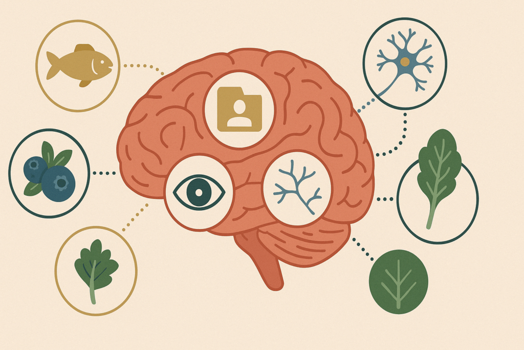Diagram showing what to eat to boost memory, with visuals of a brain connected to fish, blueberries, and leafy greens symbolizing cognitive benefits.